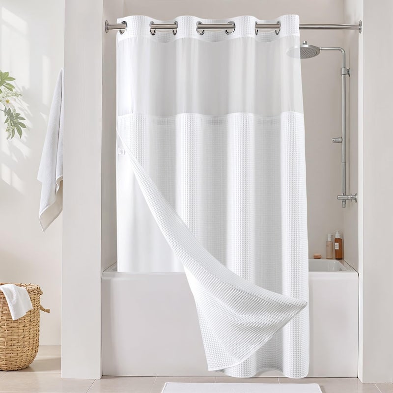 River Dream White Fabric Shower Curtain Set, Cotton Blend, Waffle Weave, with Snap in Replacement Linerï¼Œ54 x 80 inches - Image 1